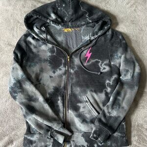 Aviator Nation Black and Gray Tie-Dye Hoodie with Pink Lightning Bolt